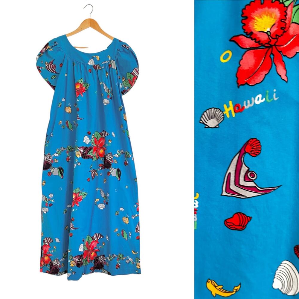 Hilo Hattie Novelty Print Hawaiian Mumu Dress Angel Fish Hibiscus Sz Med Pockets